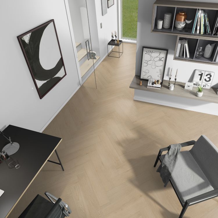 Kantoor met moderne uitstraling dankzij Belakos Monastro Visgraat XL 92 vloer in bruin