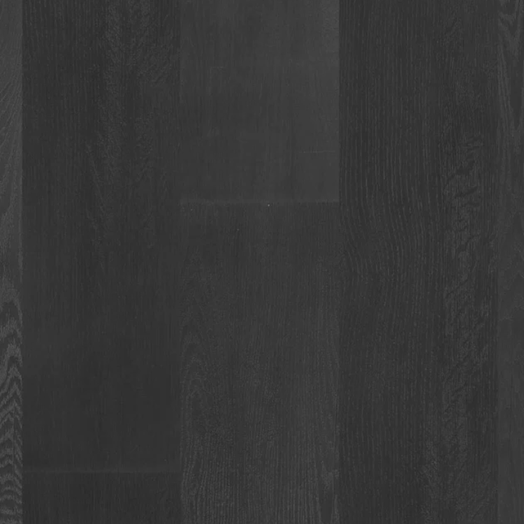 Topview van Hebeta Largo XXL Plank - Eiken zwart - 30,5 cm x 152,5 cm vloer in donkergrijs eiken met rechte strook motief.