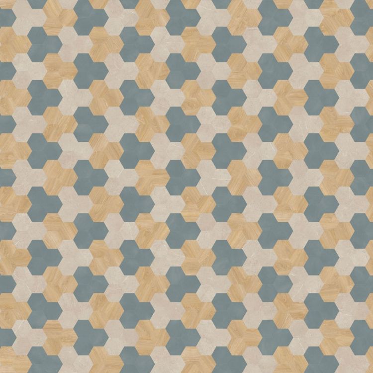 Topview van Moduleo Moods Hexagon Cluster 624 vloer in blauw bruin beige met Hexagon-motief