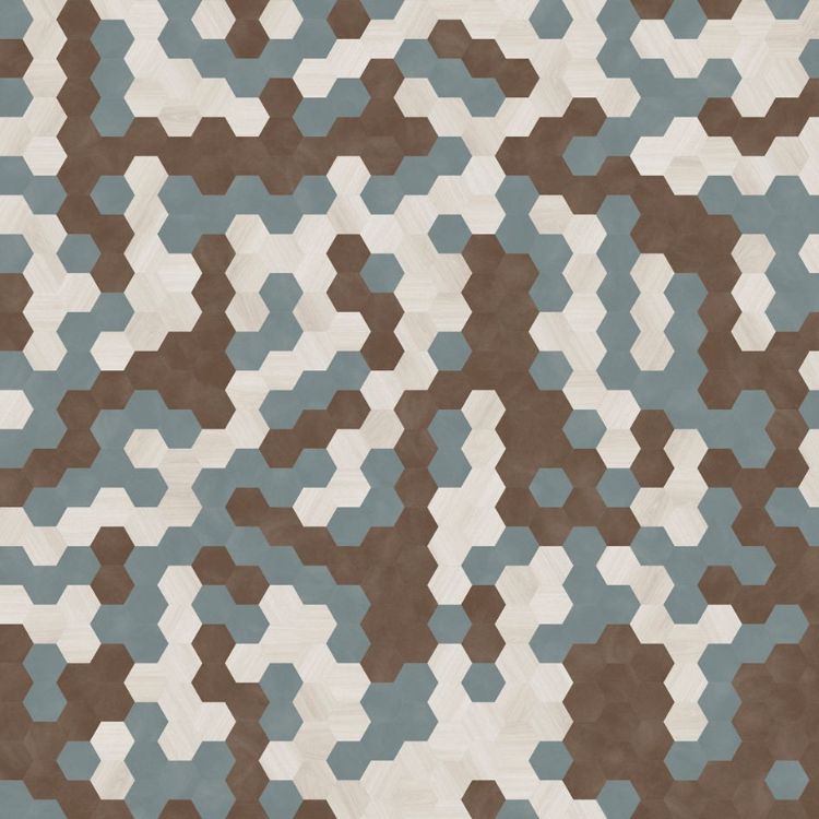 Topview van Moduleo Moods Hexagon Trio 625 vloer in blauw bruin beige met Hexagon-motief