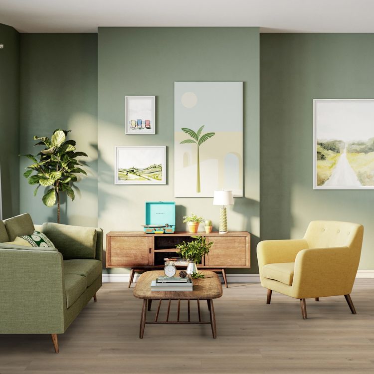 Woonkamer met groene uitstraling dankzij Tarkett ID Inspiration 55 highland oak smoke vloer in highland oak smoke