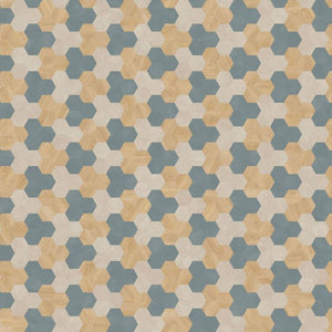 Topview van Moduleo Moods Hexagon Cluster 624 vloer in blauw bruin beige met Hexagon-motief